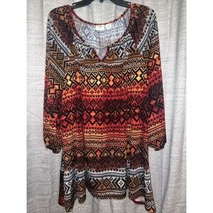 CATO High Low Top Womens 22w 24w Geometric Aztec Print Rust Orange Black Red